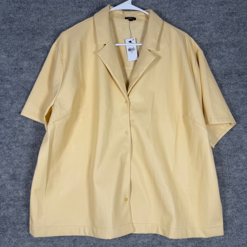 Express Size-XL Womens Yellow Faux Leather Short Sleeve Button Down Boxy Shirt